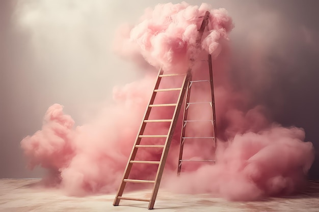 Escalera que llega a una nube sobre un fondo rosa