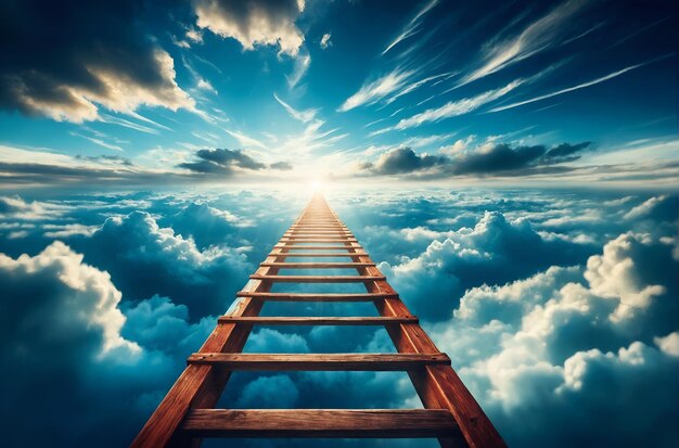 una escalera robusta de madera que se extiende hacia un cielo azul vibrante abierto