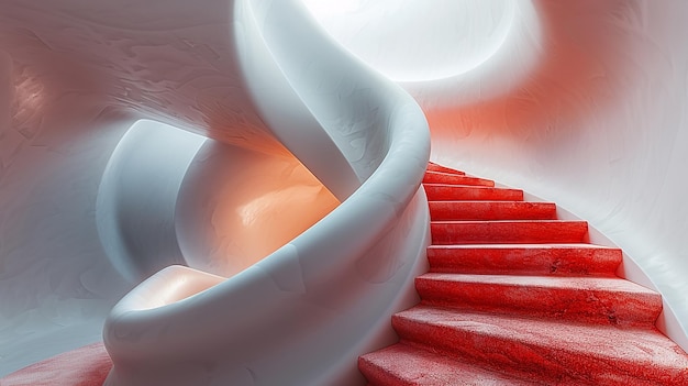 una escalera roja con una escalera de espiral blanca y roja