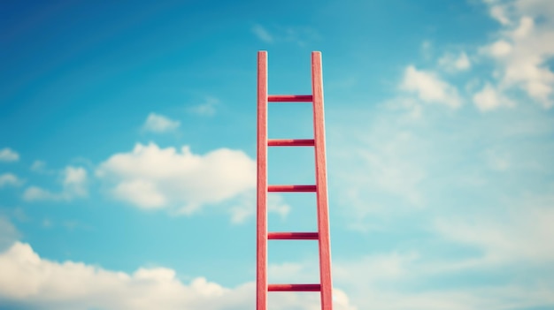 La escalera roja que conduce al cielo azul con nubes