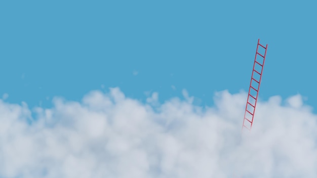 Escalera roja rompiendo una nube esponjosa en el cielo azul. El camino hacia el concepto de éxito. Ilustración de renderizado 3D.