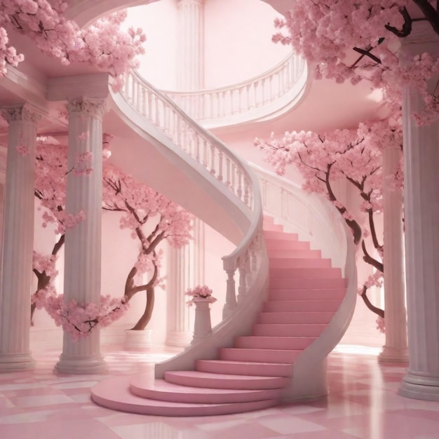 una escalera rosa con una pared de flores rosadas y escaleras