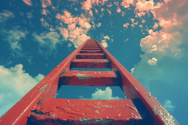 Una escalera surrealista que alcanza el cielo entre nubes esponjosas