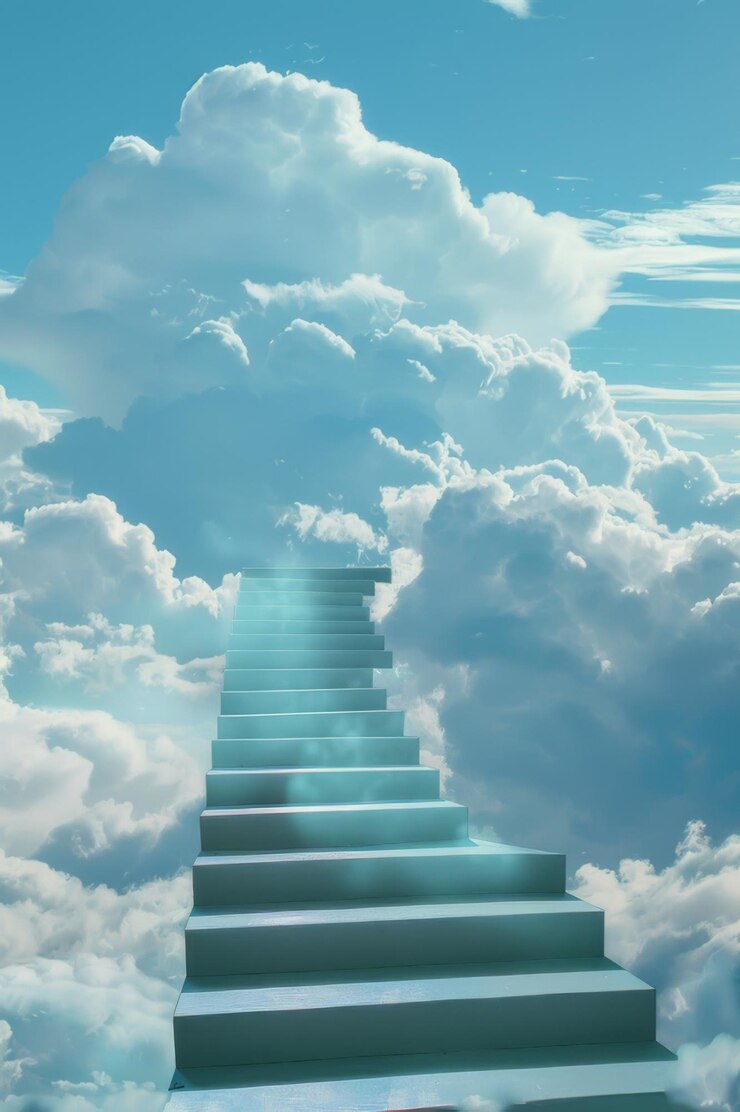 Una escalera surrealista que asciende a un cielo azul vibrante con nubes blancas esponjosas que simbolizan la esperanza y los sueños