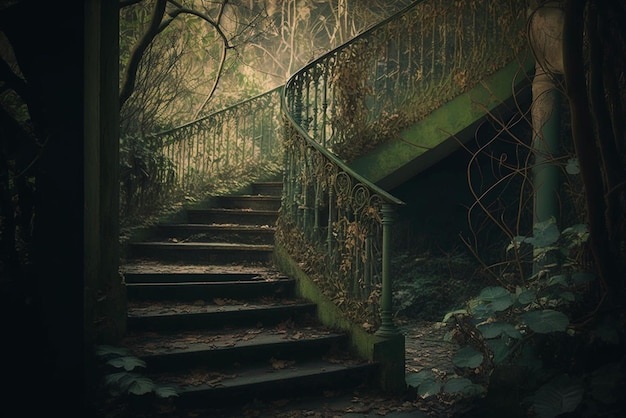 Escalera verde cubierta de maleza en el bosque