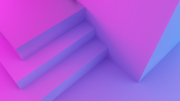 Escaleras abstractas con luz rosa, morada y azul, renderizado 3d