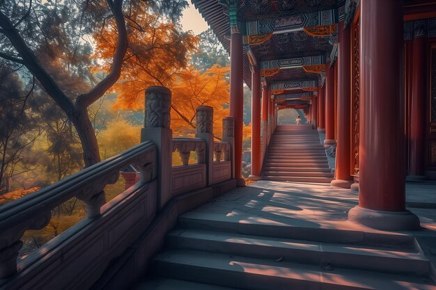 Escaleras y árboles en un antiguo edificio tradicional chino