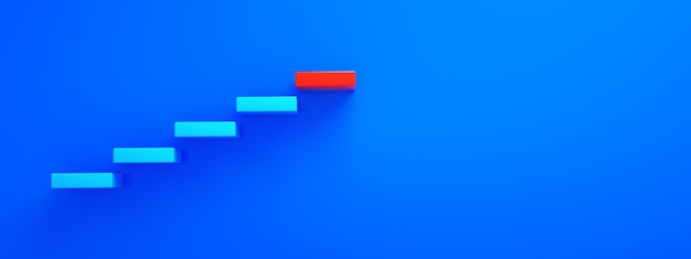 Escaleras azules que conducen al escalón superior rojo, nivel superior o carrera, representación 3D, diseño panorámico