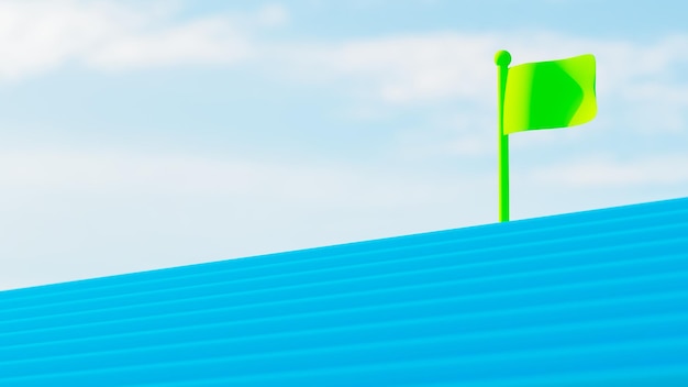Escaleras azules que conducen a la bandera verde con cielo nublado objetivo y tema de logro objetivo