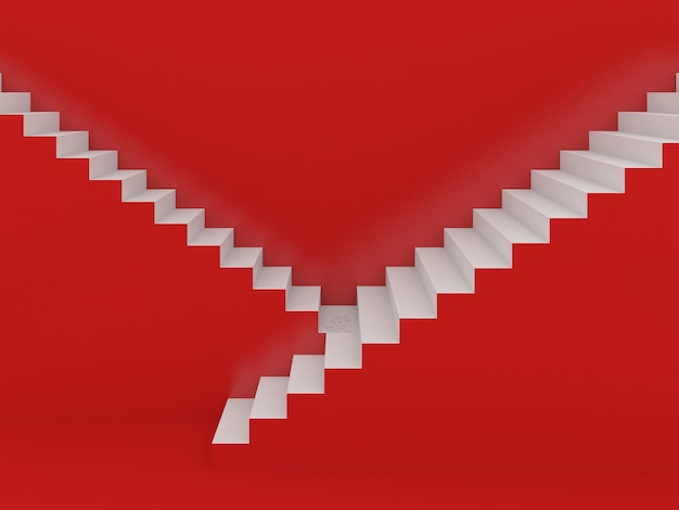 Escaleras blancas en rojo, renderizado 3d