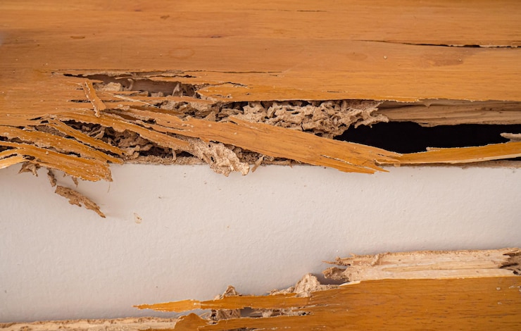 Las escaleras de la casa fueron mordidas por termitas la madera se rompió porque fue destruida por las termitas