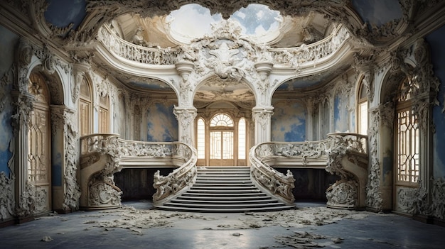 Las escaleras de un castillo están cubiertas de pintura azul.