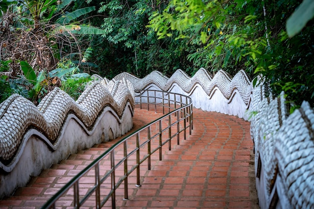 Escaleras en el entorno de la selva en el templo Wat Phra That Doi Tung Provincia de Chiang Rai al norte de Tailandia