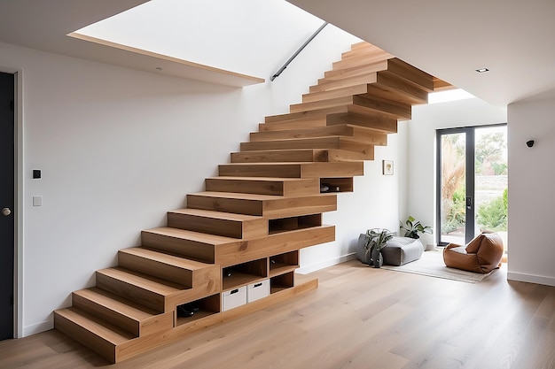 Escaleras flotantes de madera con cajones ocultos