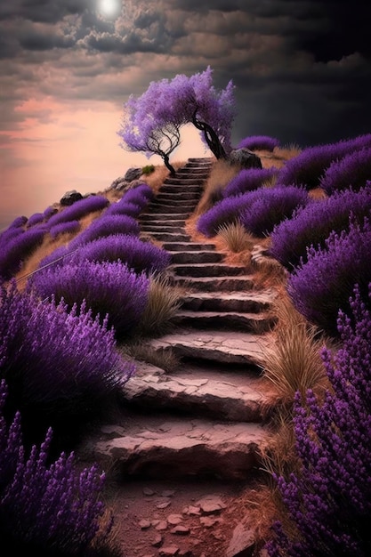 Escaleras de lavanda en la montaña