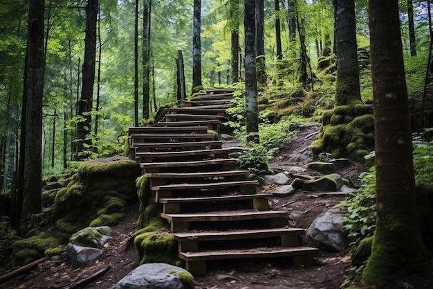 Foto escaleras de madera en un bosque colorido