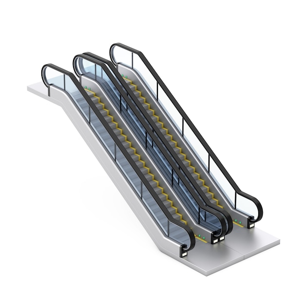 Escaleras mecánicas modernas o escaleras eléctricas sobre un fondo blanco. Representación 3D