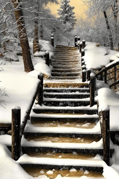 Escaleras de nieve en la montaña