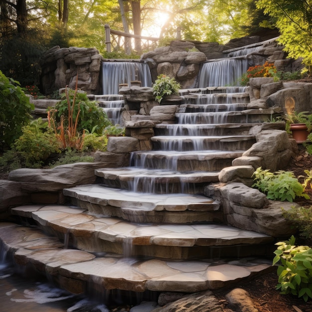 Escaleras de piedra del jardín con agua en cascada