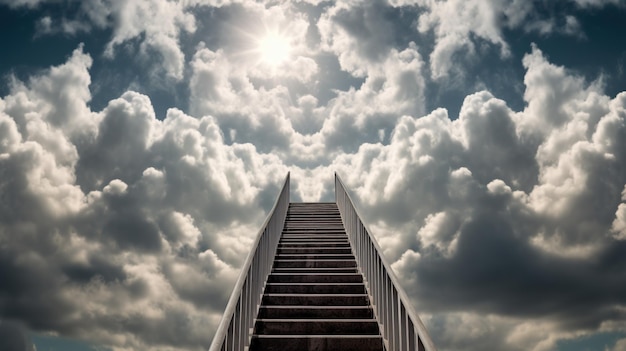 Escaleras que conducen al cielo con nubes en el fondo