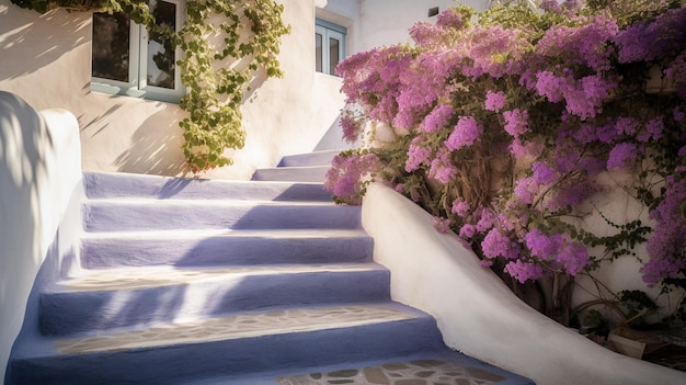 Foto escaleras que conducen a una casa con flores púrpuras