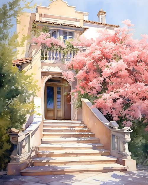 Las escaleras rojas de la casa y la pintura de flores