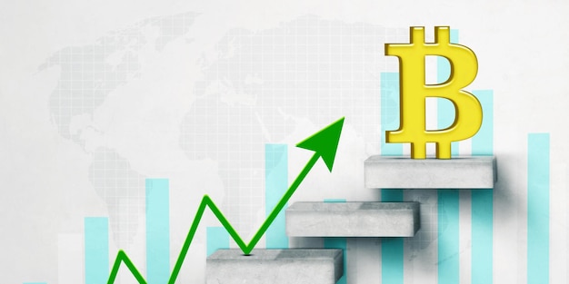 Las escaleras de la tendencia de crecimiento de Bitcoin con gráfico de tendencia al alza.