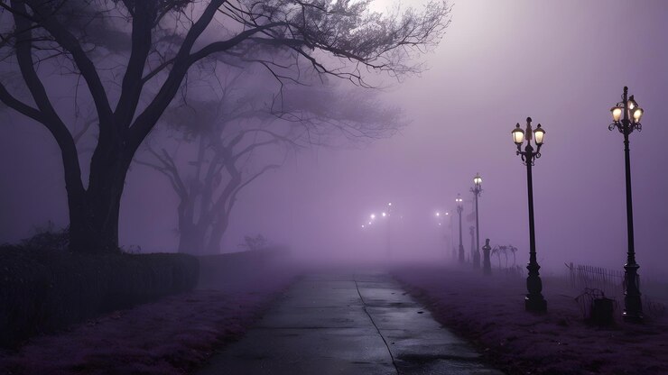 La escalofriante escena de Halloween con un cementerio, sombras de luna llena y una inquietante niebla púrpura