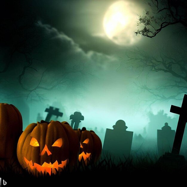Escalofriante fondo de halloween con calabazas en un cementerio