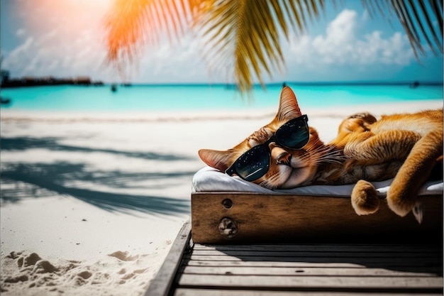 Foto escalofriante gato adorable en la playa con anteojos en concepto de luz solar de verano