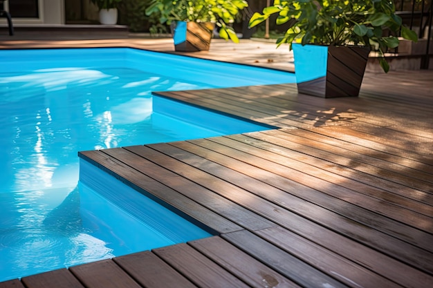 Un escalón de entrada a la piscina fresco y moderno hecho de plástico de fibra de vidrio que muestra un cristal transparente.