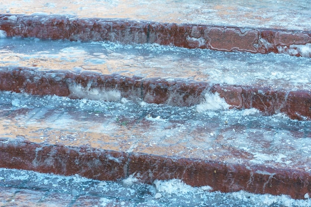 Los escalones cubiertos de hielo en las escaleras Mal tiempo en invierno La acera helada es peligrosa para caminar Riesgo de resbalón y caída