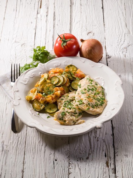 Escalope com tomate e abobrinha