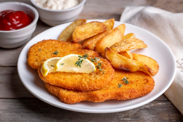 Escalope de pollo con salsa de patatas fritas y limón en un plato