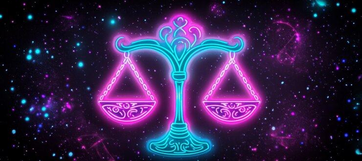 Foto las escamas de neón brillantes en un fondo cósmico un símbolo de equilibrio y armonía de libra