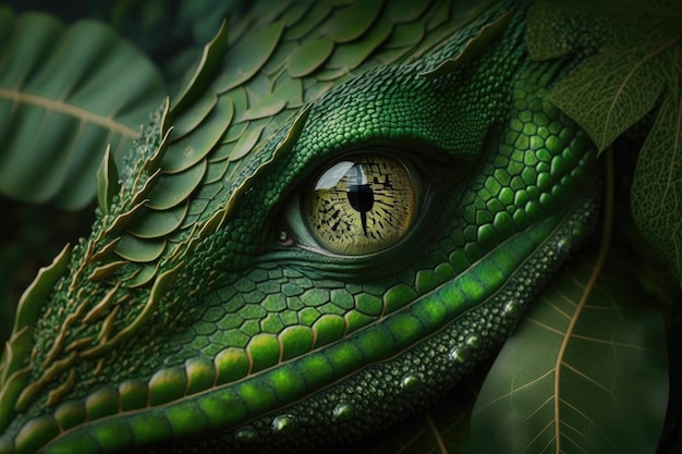 Escamas verdes y cabeza de dragón del bosque con ojo de serpiente creado con ai generativo