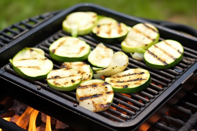 Escamollas a la parrilla y tiras de calabacín en una sartén