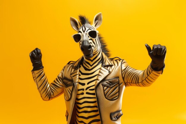 Foto escandaloso zebra enmascarado rocker evento festivo extravagancia en el vibrante spotlight amarillo