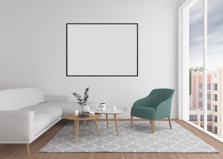 Foto escandinava sala de estar com moldura horizontal vazia.