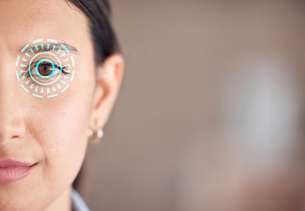 Escaneamento do rosto e dos olhos da mulher na verificação de cibersegurança ou biometria no escritório em um espaço de maquete Retrato em close-up de uma pessoa feminina escaneando a retina ou a visão para identificação visual ou acesso no local de trabalho