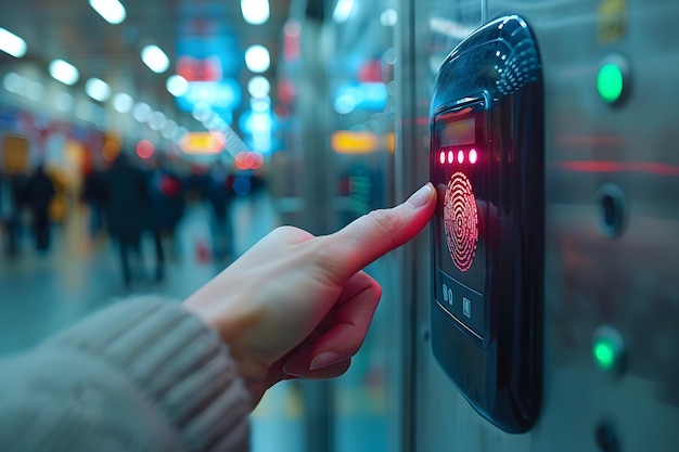 Foto escaneo biométrico de huellas dactilares en la moderna tecnología de seguridad de la estación de metro en el transporte urbano