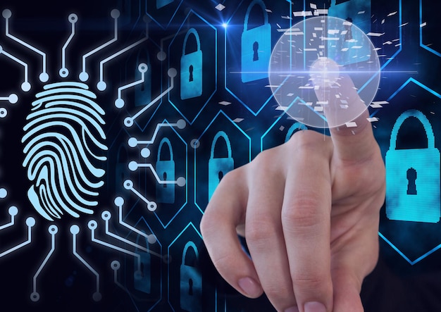 Escaneo de dedos humanos sobre escáner biométrico contra iconos de candado de seguridad sobre fondo azul. concepto de tecnología y seguridad cibernética