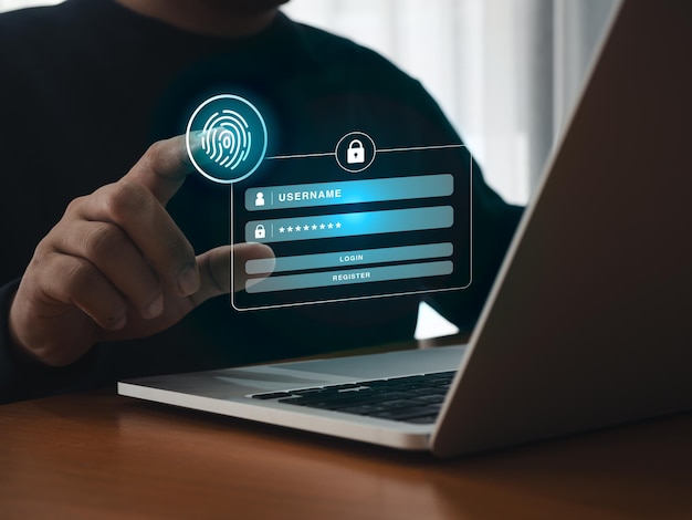 Escaneo digital de huellas dactilares escaneo del icono por el hombre de negocios mano en el inicio de sesión en la página web pantalla virtual desde la computadora portátil identificación biométrica concepto de tecnología de protección de datos de seguridad cibernética