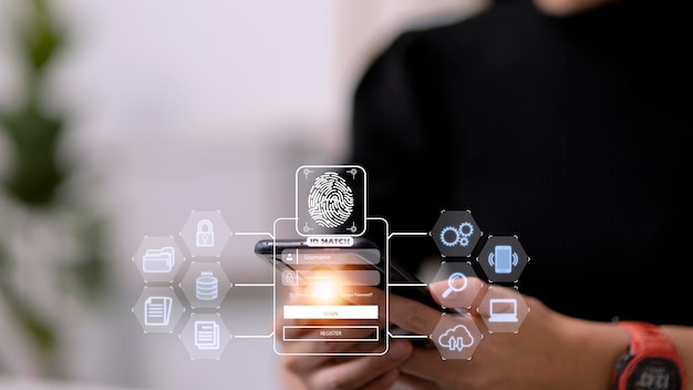 Escaneo de huellas dactilares y autenticación biométrica Procesamiento de datos biométricos para acceder Vigilancia de datos personales y escaneo de seguridad de programas digitales Aplicaciones cibernéticas futuristas