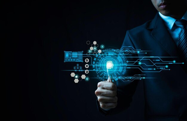 El escaneo de huellas dactilares de Businessman proporciona acceso de seguridad con identificación biométrica y contraseña