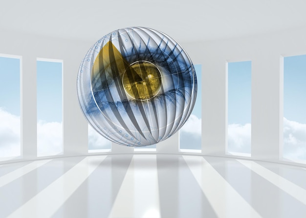 Escaneo de ojos en pantalla abstracta contra habitación blanca brillante con ventanas