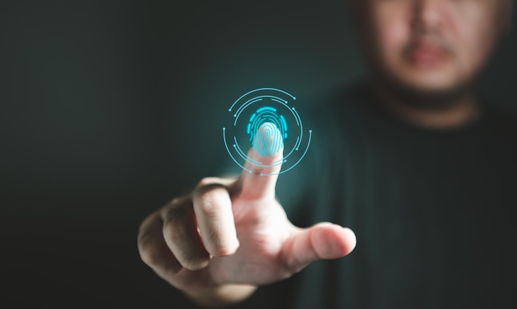 Foto escaneo de seguridad cibernética de huellas dactilares autenticación biométrica y ley de protección de datos personales o pdpa con antecedentes de personas información tecnológica y concepto de política de privacidad