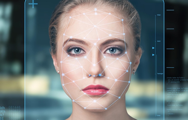 Foto escaneo tecnológico del rostro de una hermosa joven