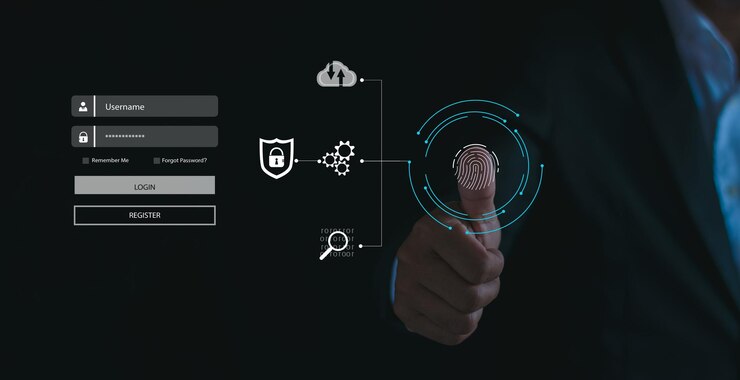 Foto escáner de huellas dactilares concepto de ciberseguridad y privacidad para proteger los datos tecnología de seguridad de icono de bloqueo red de internet el hombre de negocios protege la información personal