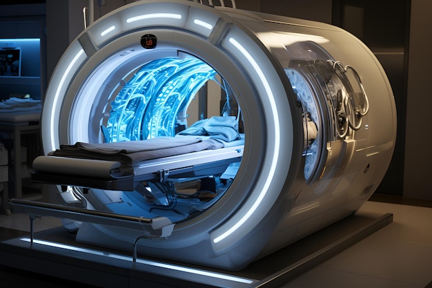 Escáner tomográfico moderno en un hospital sobre un fondo oscuro Nuevas tecnologías en medicina
